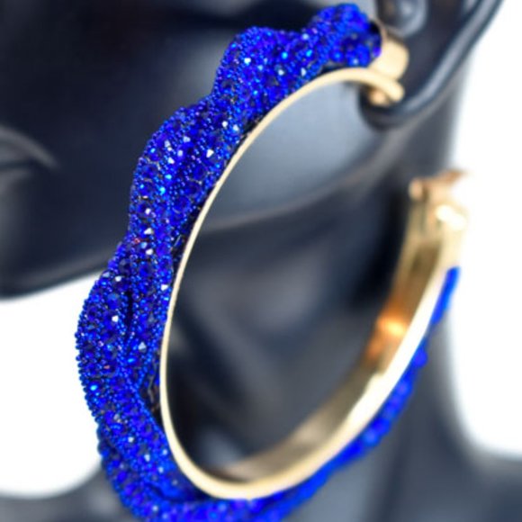 3" Braid Twist Royal Blue Rhinestone Hoop Earrings - Picture 11 of 12